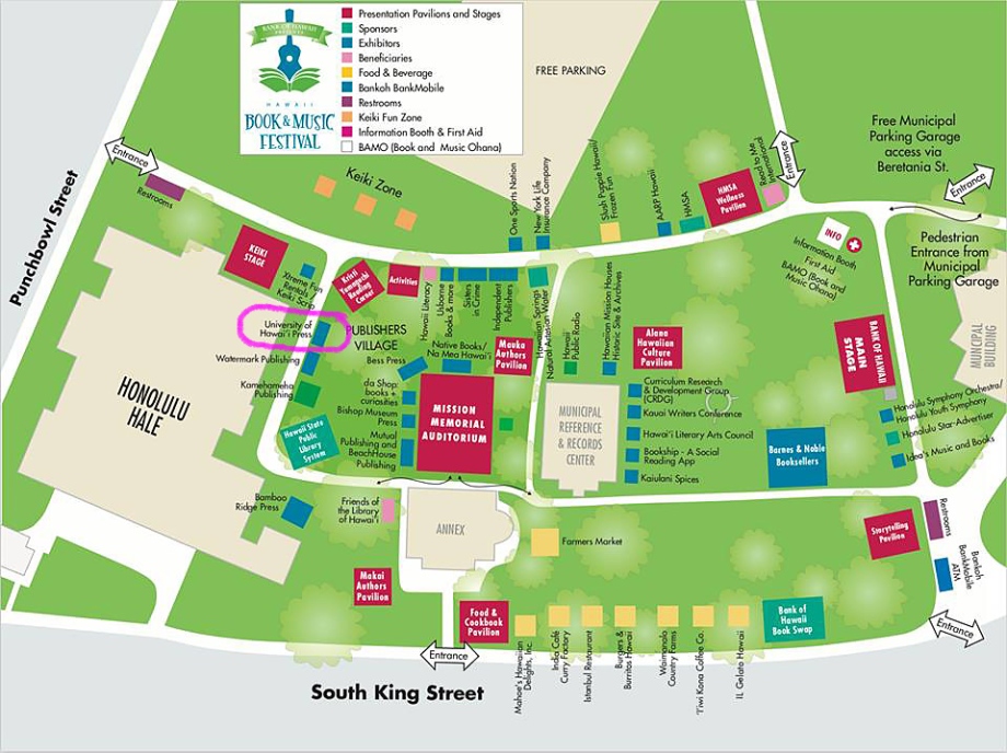 Map of Hawaii Book & Music Festival with UHP booth circled.
